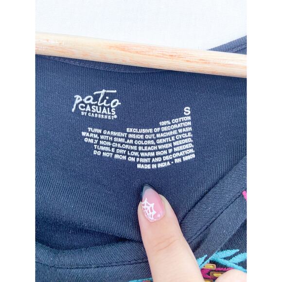 Patio Casuals Boho Patio Dress Small Black Embroidered Stretch Jersey Dress Midi - Picture 4 of 6